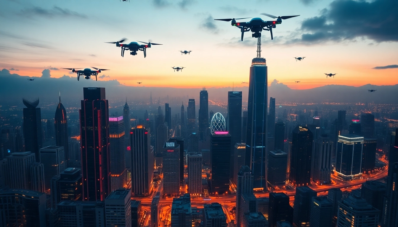 Showcasing technology in a futuristic city with neon lights and drones in the sky.