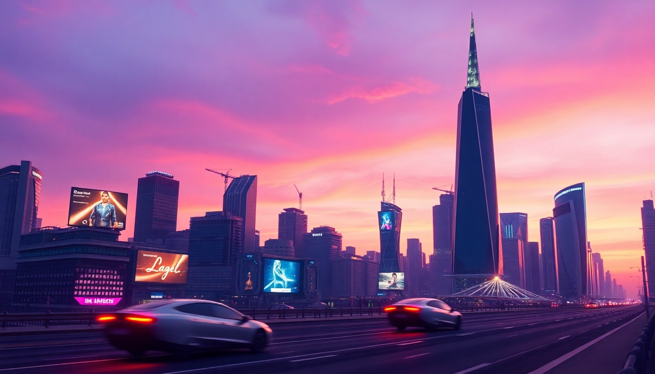 Showcasing technology advancements in a futuristic skyline with flying cars and digital displays.