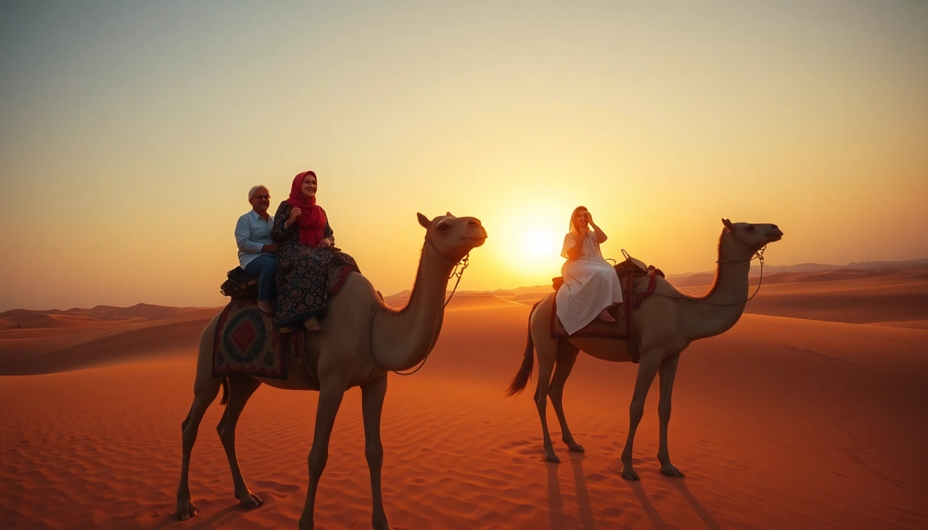 Family holiday in Morocco with children riding camels on desert dunes at sunset, capturing Moroccan adventure and cultural fun.