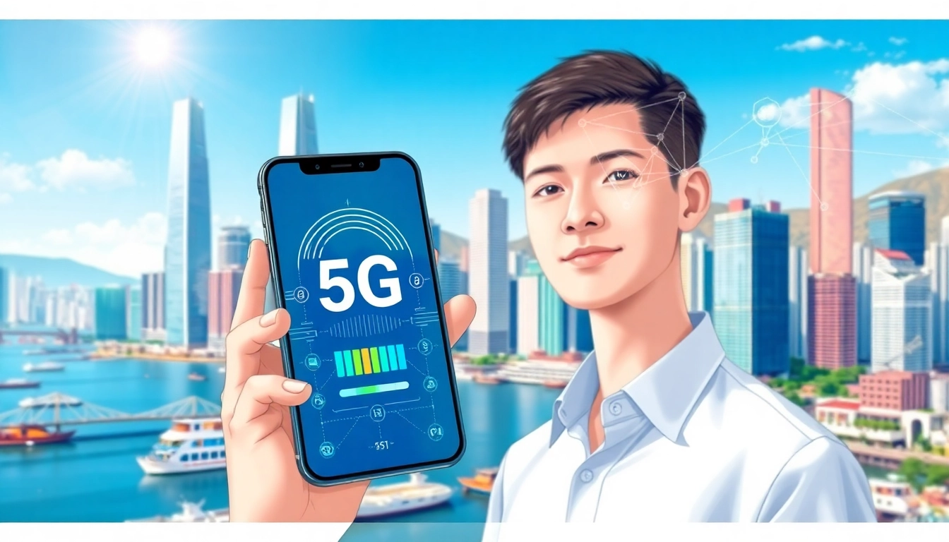 香港城市景觀中，行人在用手機享受5G高速網絡，背景展現繁忙都市與科技元素融合的未來感場景