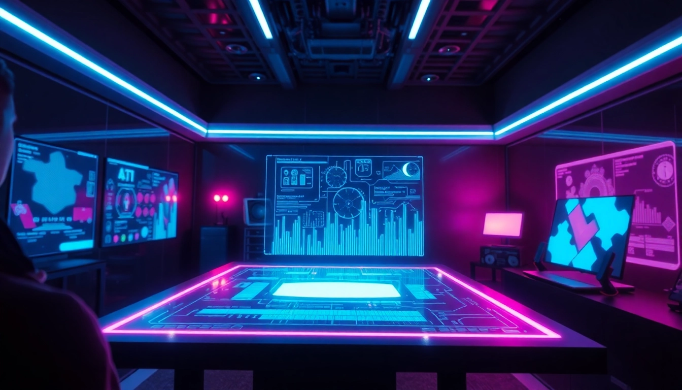 Futuristic AI interface on holographic screen with neon glow in a modern high-tech room