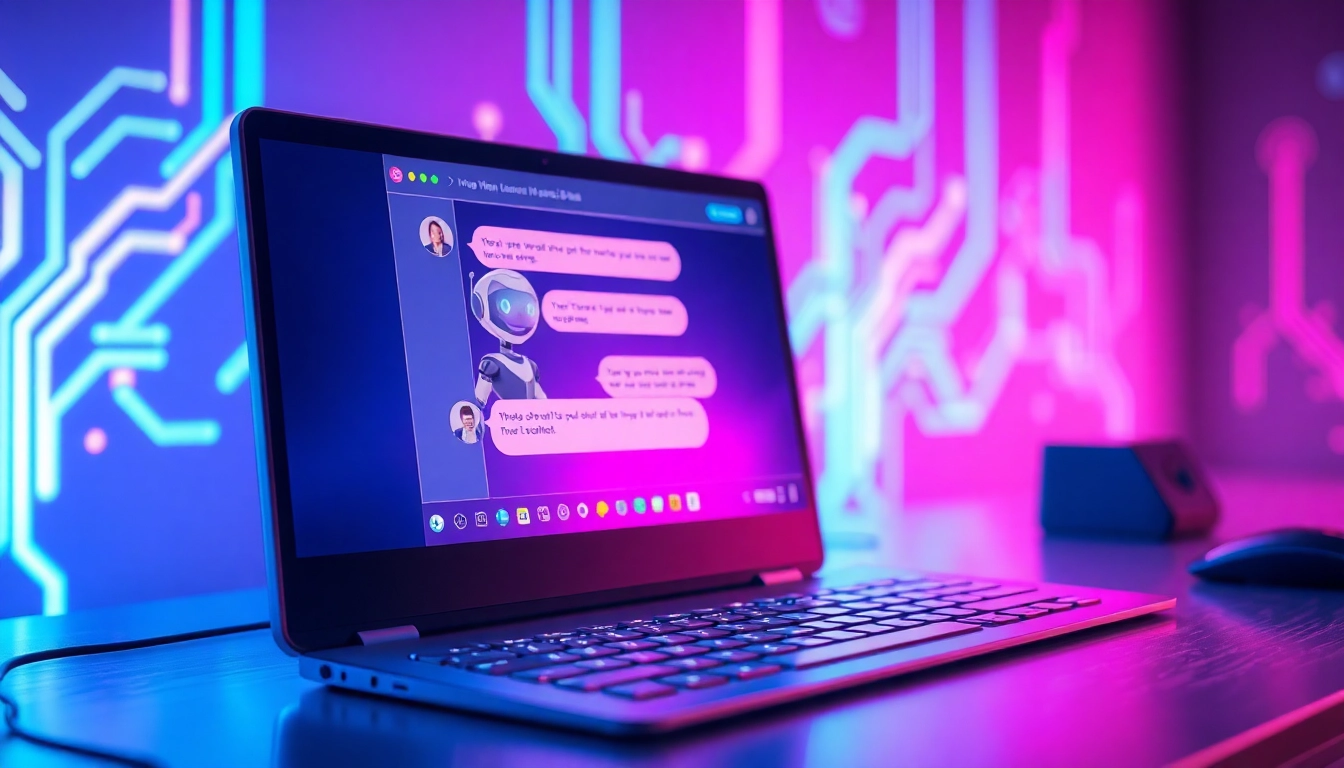 Futuristic AI chat interface with vibrant neon colors and animated characters engaging in flirtatious conversation on a sleek computer screen.