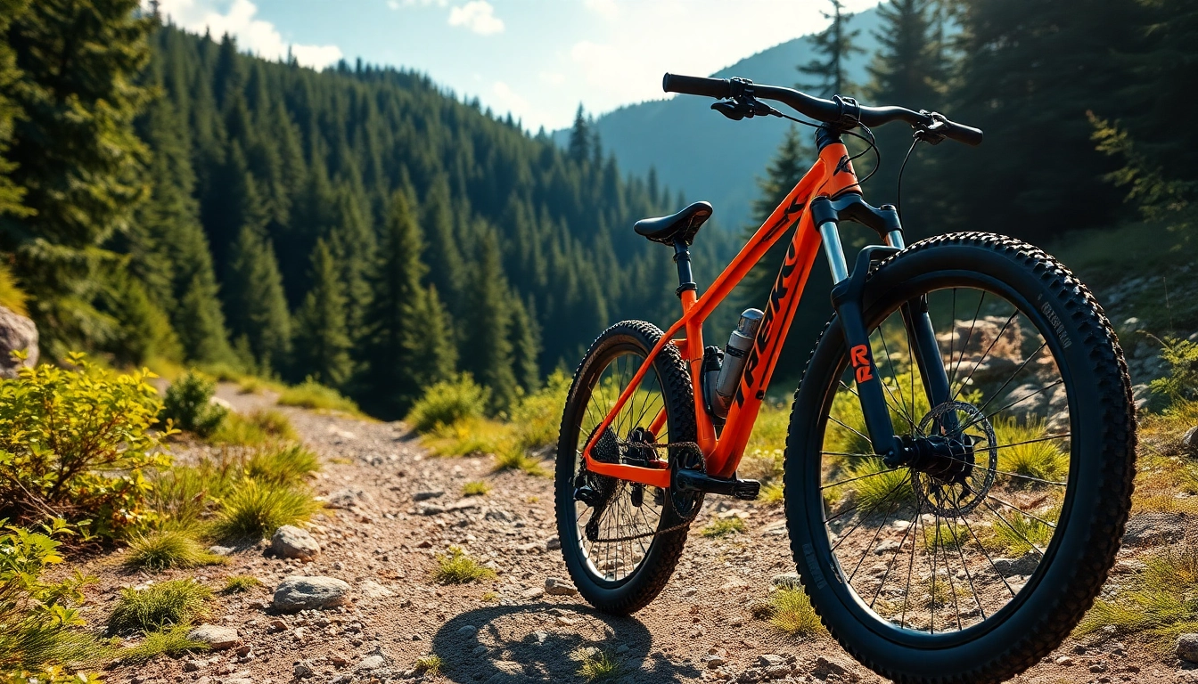 Trek mountain bike on a challenging trail amid green forests, highlighting adventure and durability for outdoor explorers.