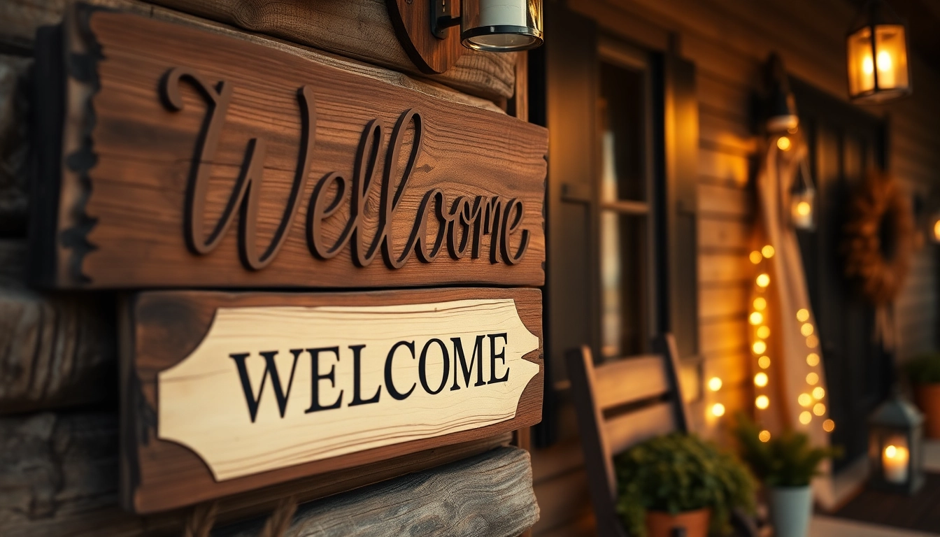 Welcoming signs at the entrance featuring personalized welcome signs made of wood and metal for home and outdoor decor, enhancing curb appeal.