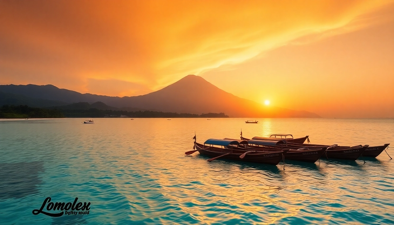 Lombok scenic beaches with Mount Rinjani in the background, inviting and vibrant tropical atmosphere, perfect for travel inspiration.