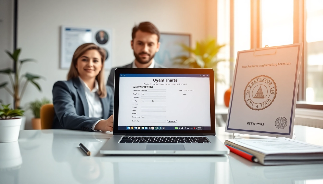 Udyam registration process being completed online by entrepreneurs with documents and certificate, symbolizing fast MSME registration in India.