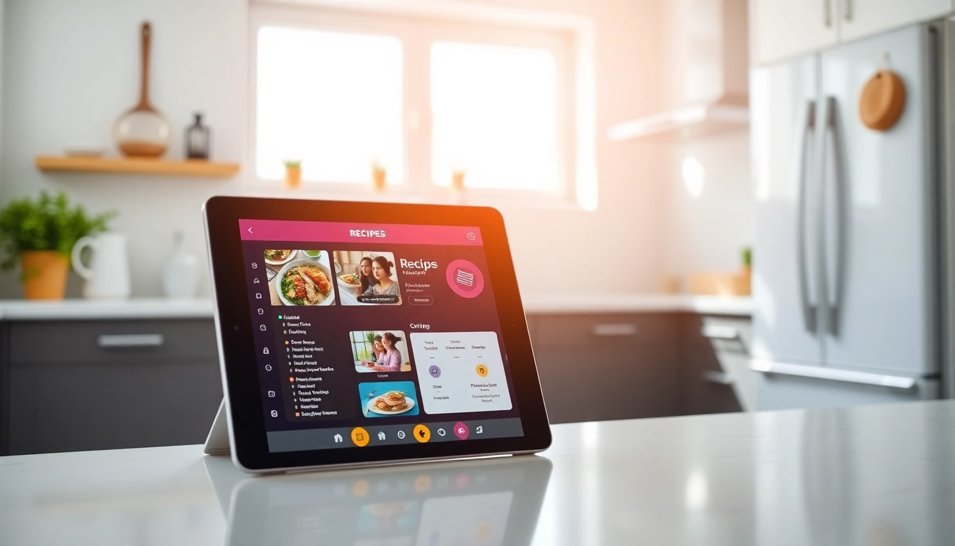 User organizing recipes on a sleek recipe manager app on tablet in a contemporary kitchen setting.