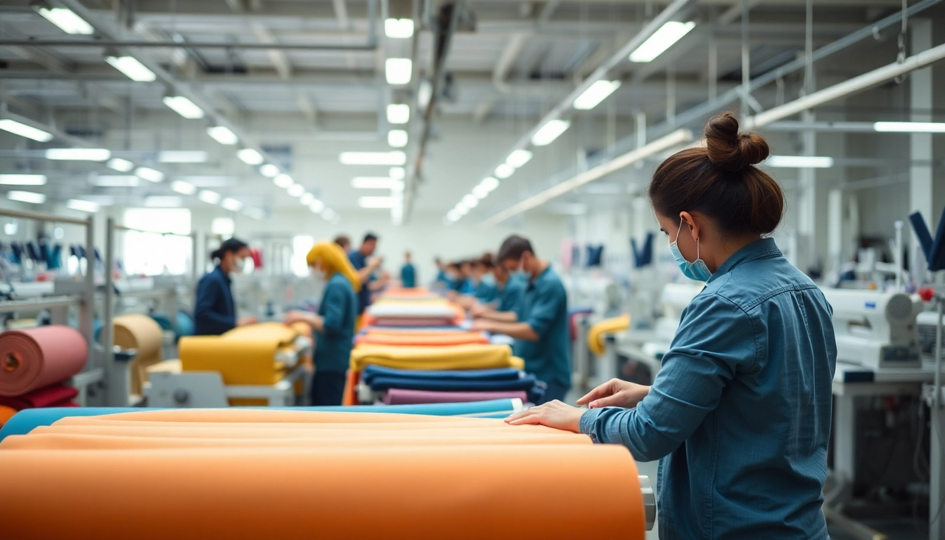 Clothing Manufacturers creating custom apparel in a modern factory setting with skilled workers, showcasing quality production processes.