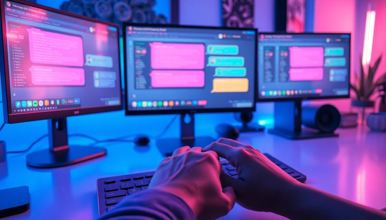 A futuristic digital workspace with multiple screens displaying AI chat interfaces, illuminated by blue and purple lighting.