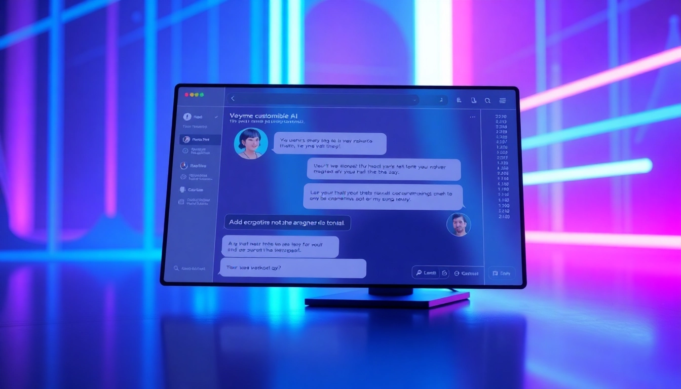 Futuristic AI chat interface on a neon-lit digital screen with vibrant colors and sleek design elements.