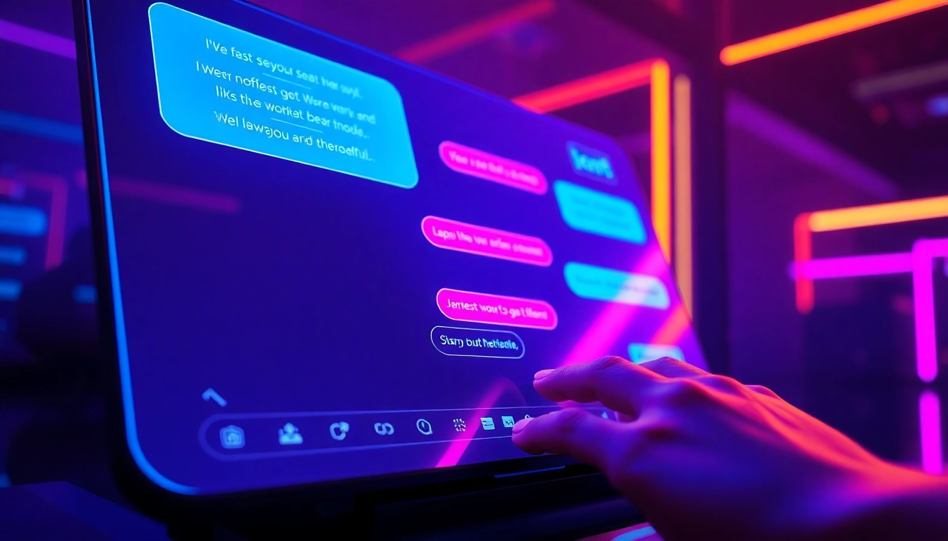 Futuristic digital chat interface with vibrant neon colors in a dark environment, conveying intimacy and connection.
