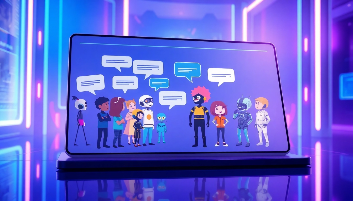 Illustration of AI characters interacting on a futuristic digital interface with vibrant neon colors and high-tech environment.