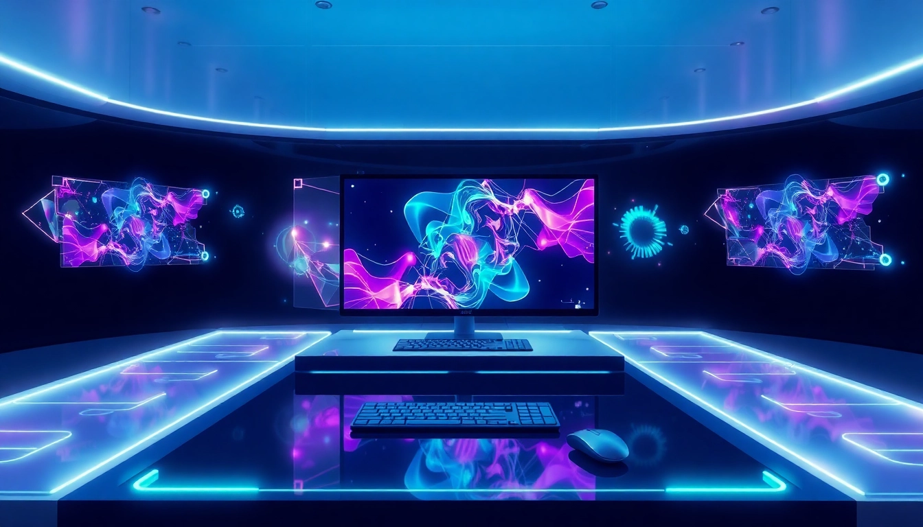 Futuristic AI workspace with holographic screens showcasing advanced image editing visuals.