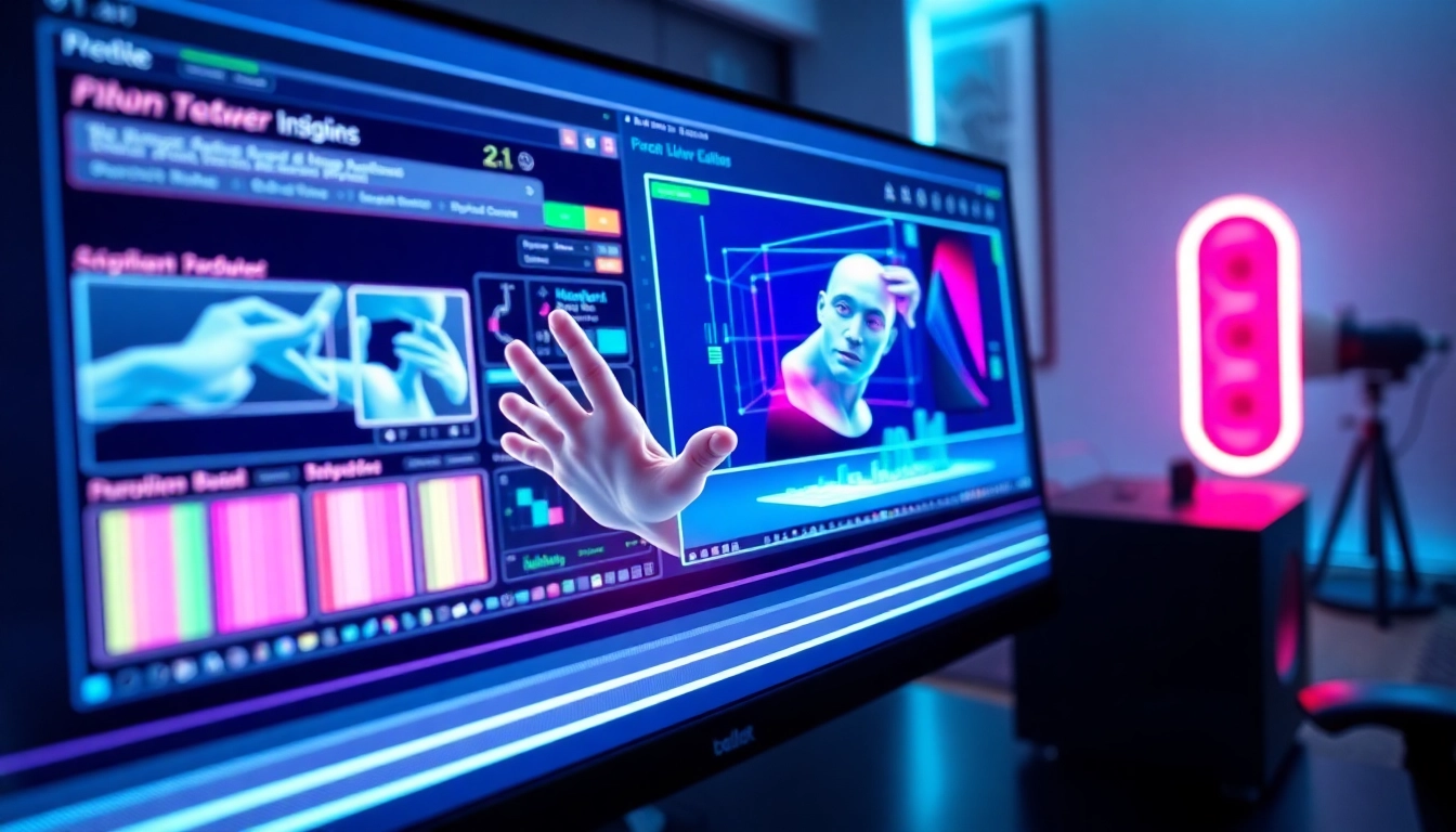 Close-up of a designer using advanced AI image editing tools on a modern computer screen with holographic overlays and vibrant colors.