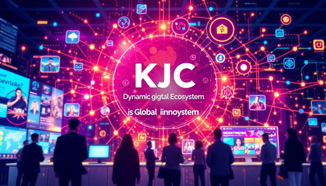 KJC logo displayed on cutting-edge digital platform emphasizing global connectivity and innovation, highlighting brand leadership in digital entertainment.