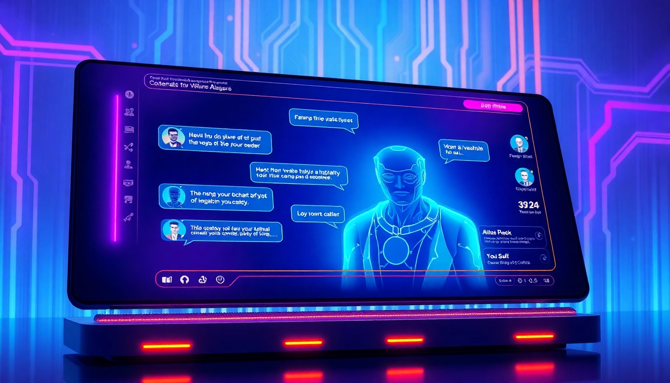 Futuristic AI chat interface showcasing user interaction with customizable characters on a high-tech screen.