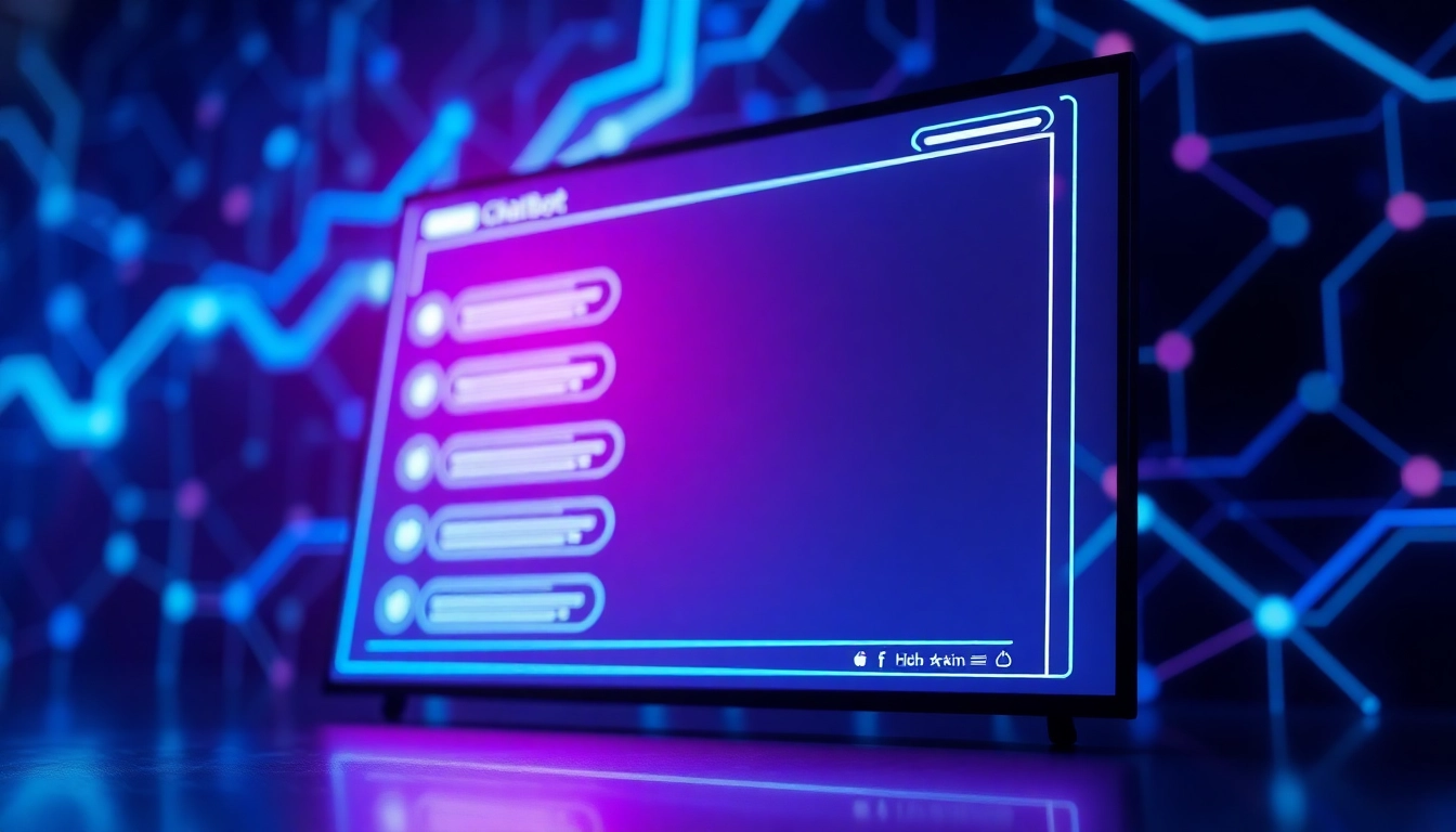 A futuristic digital chatbot interface with neon lights and holographic effects on a high-tech screen.