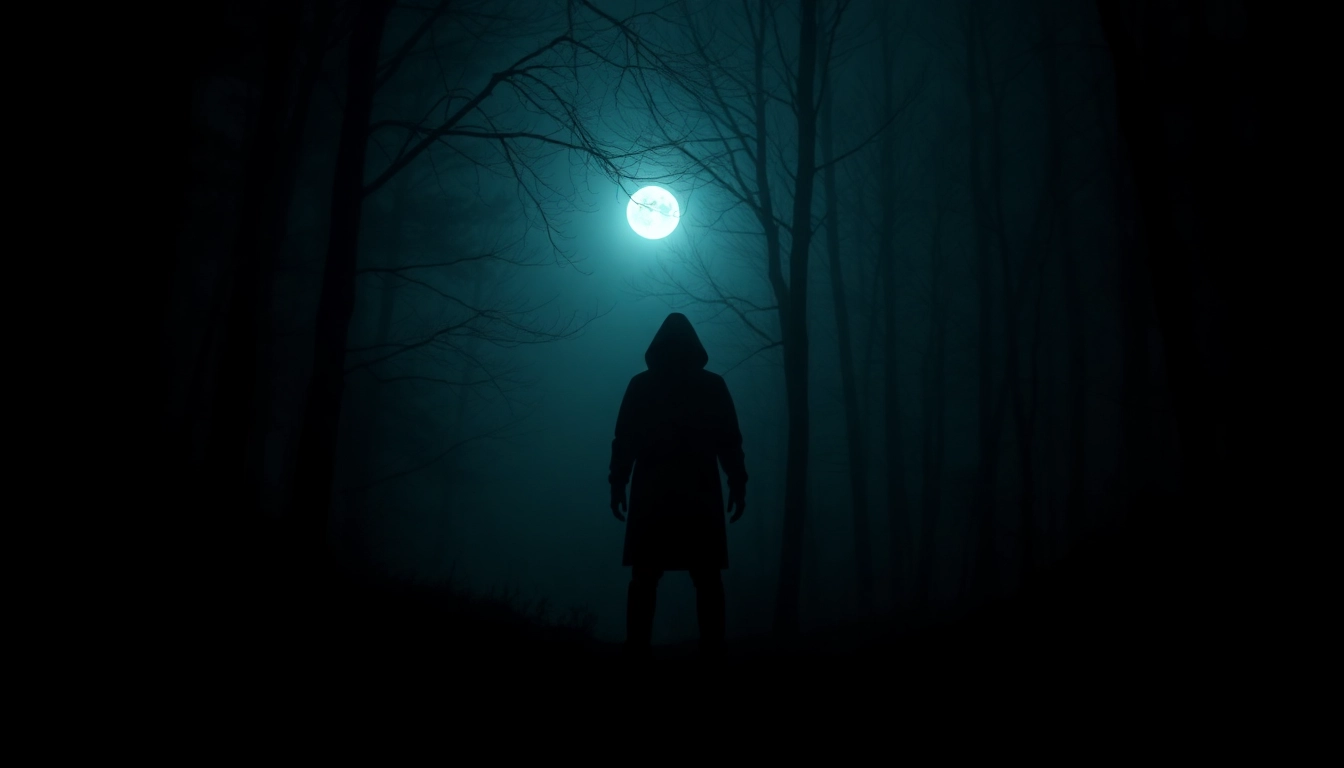Dark horror video scene with a shadowy figure in a foggy forest creating an unsettling mood for viewers and fans of horror content.