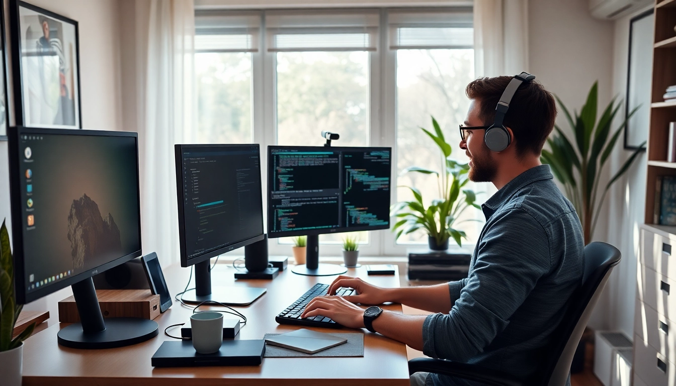 Freelance full remote worker collaborating online from an ergonomic home office setting