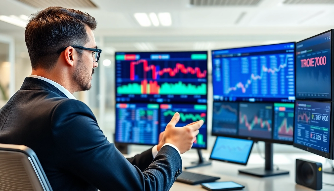 Latest Investment News analysis by financial experts using multiple digital screens in a modern