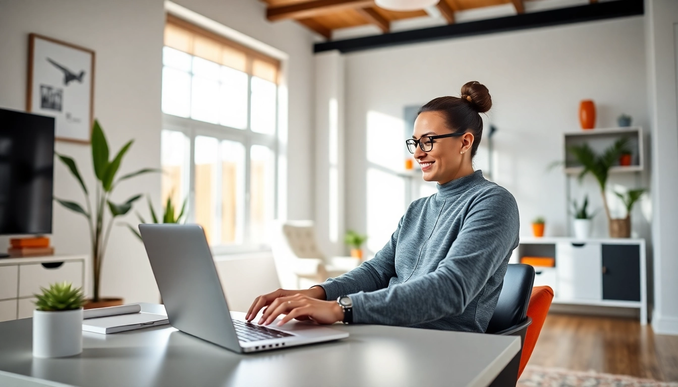 Freelance full remote professional working from home with laptop and modern workspace