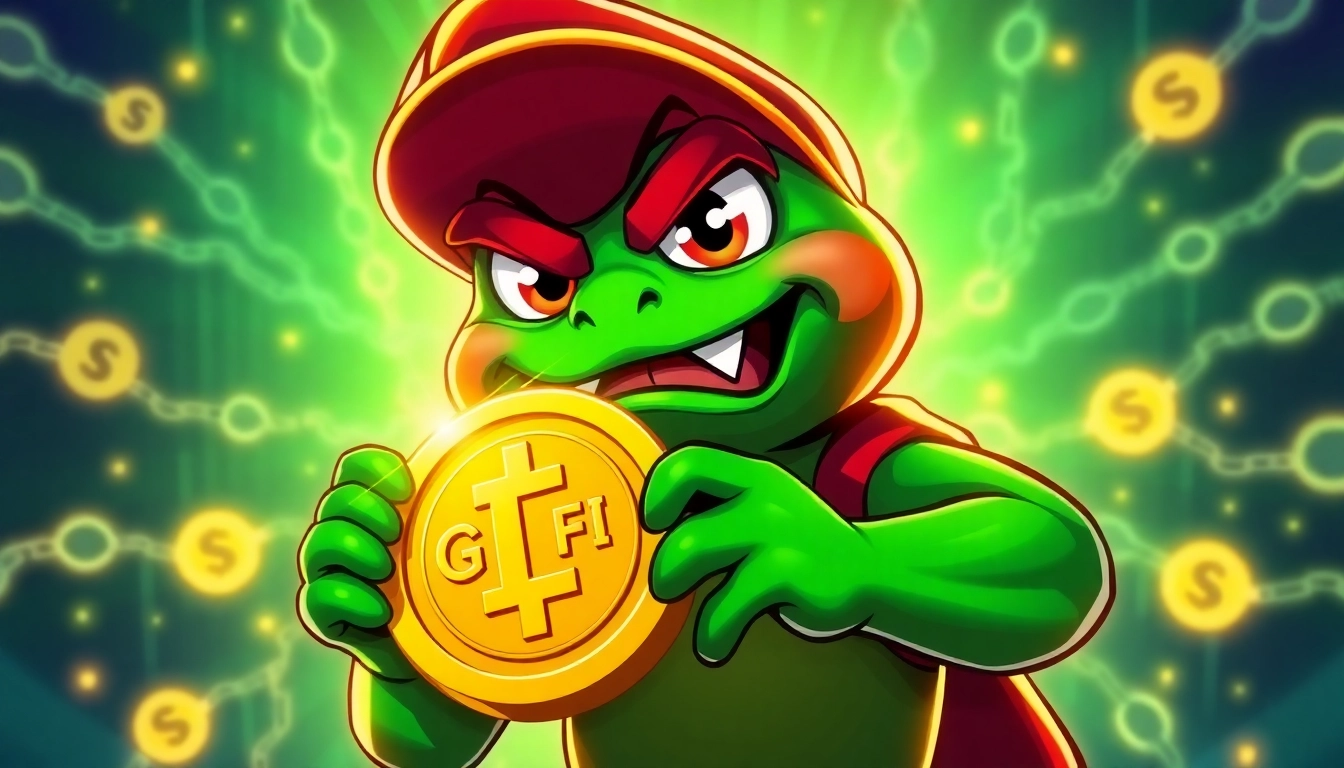 Buy Angry Pepe Coin with vibrant meme art featuring Pepe holding a coin on a blockchain background