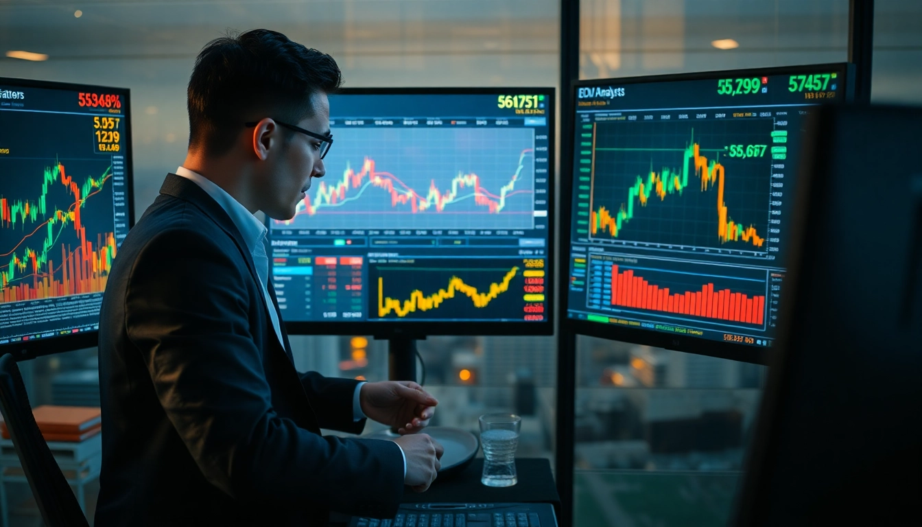 UK Investment News Financial analyst analyzing stock, gold, and currency charts for investment