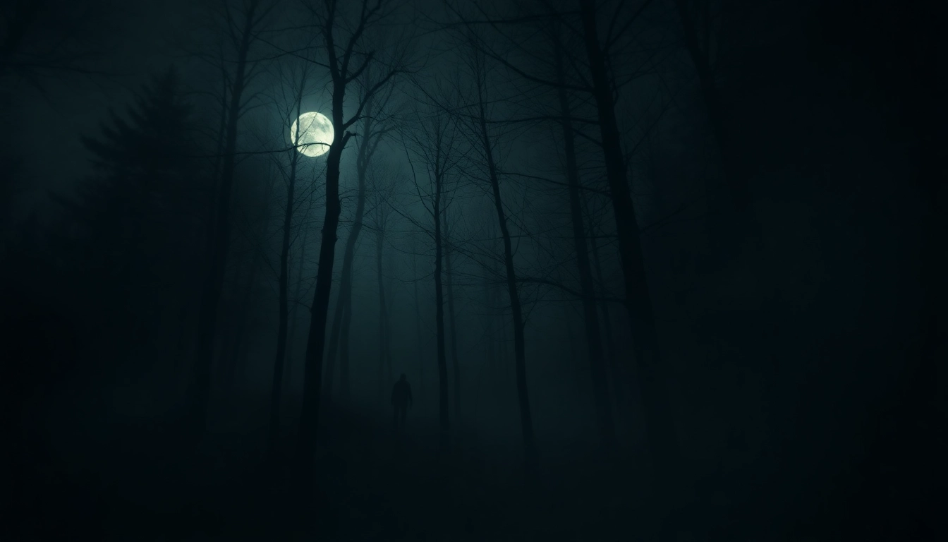 Thumbnail of a horror video showing a haunted forest with a mysterious figure under moonlight, creating a spooky atmosphere for viewers.