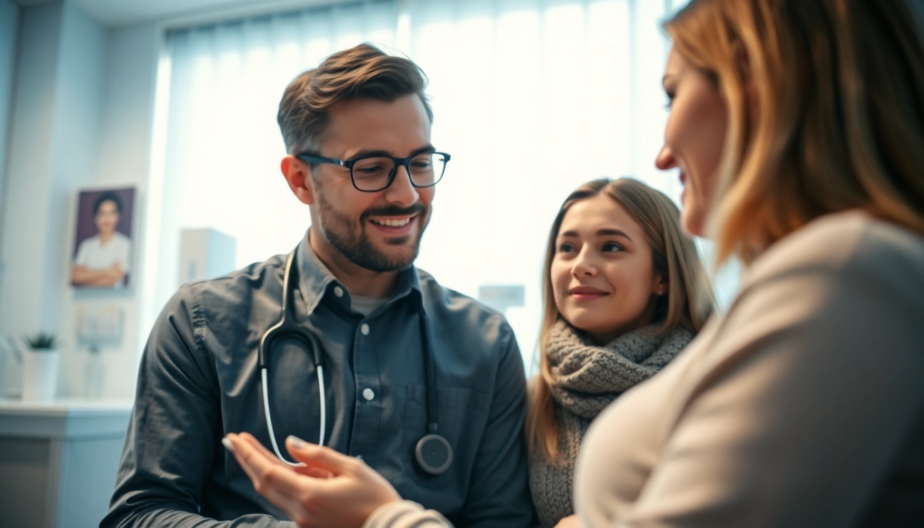 Professional team explaining fecondazione options to couple in a modern fertility clinic,