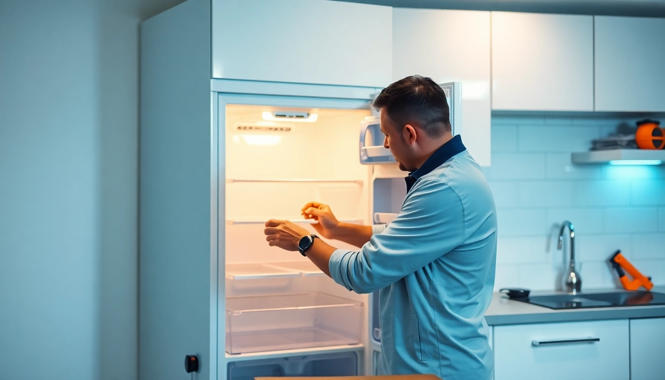 Expert appliance repair Mississauga technician fixing a refrigerator with tools in a modern