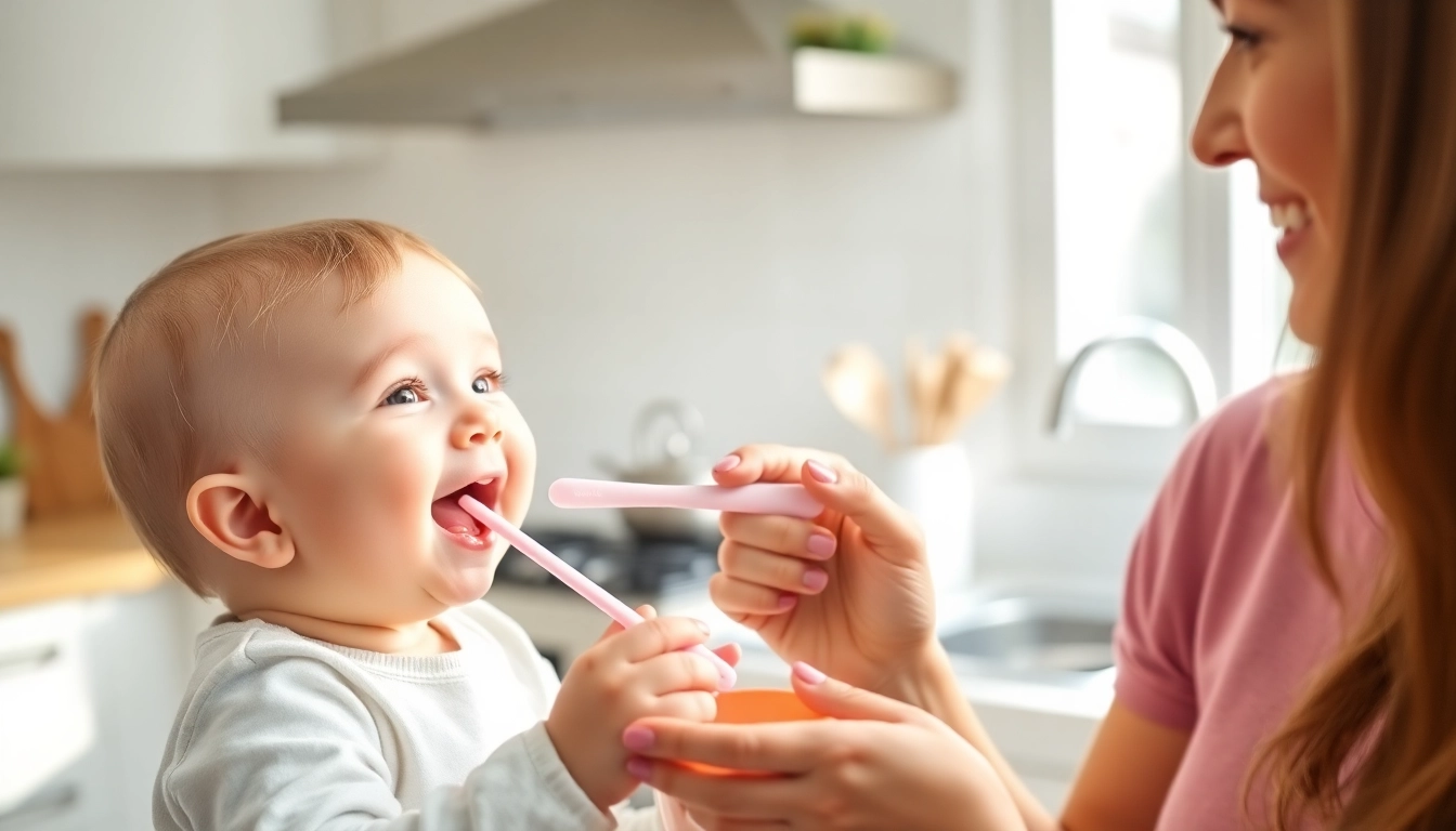 Child eating with silicone feeding utensils to promote alimentazione naturale per svezzamento