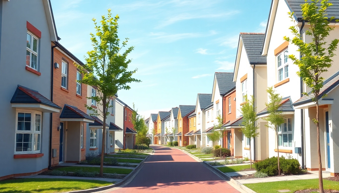 Buy Residential Property UK Prospective buyers inspecting modern homes on a lively street