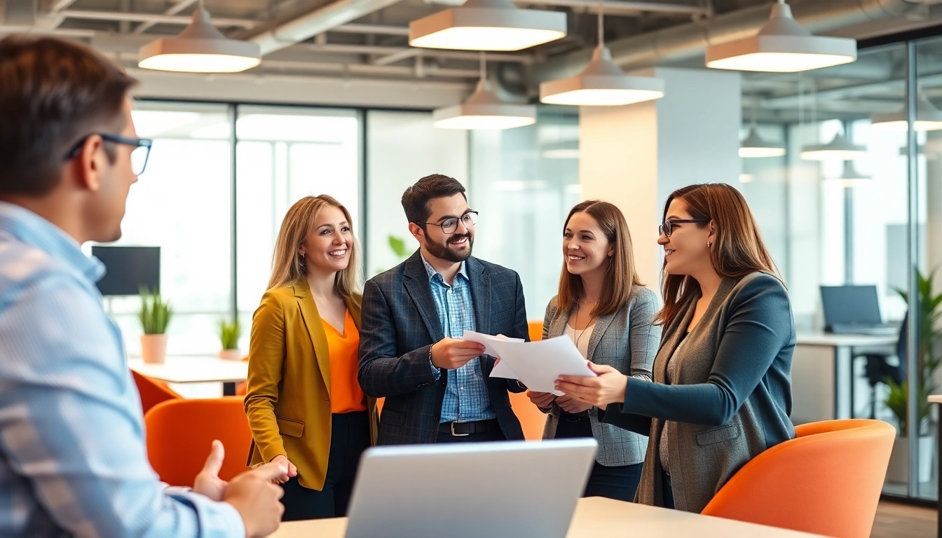 Canadian business team reviewing employee group benefits options in a professional setting to