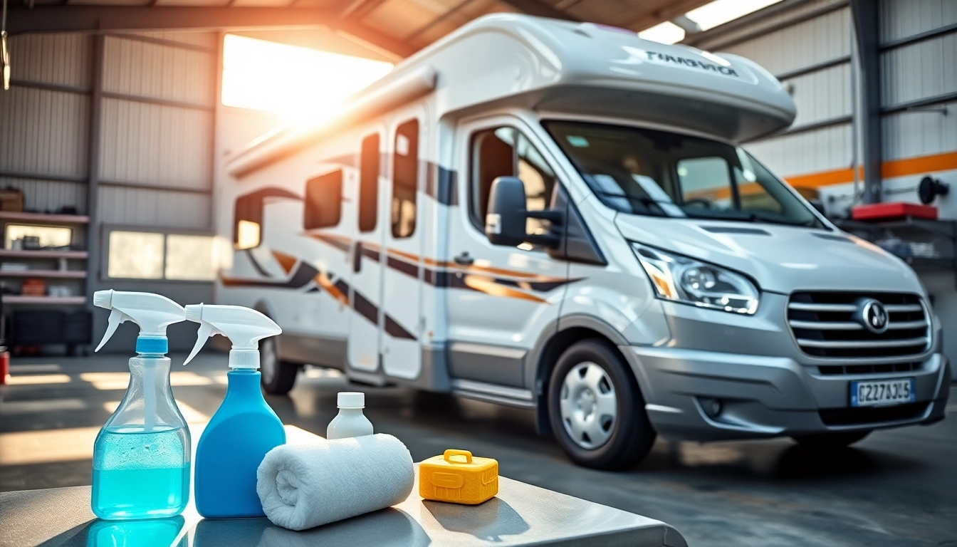 Professional image of a shiny Wohnmobilreiniger being used on a motorhome for deep cleaning and
